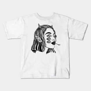 Demonic shake girl with horns and six eyes Kids T-Shirt